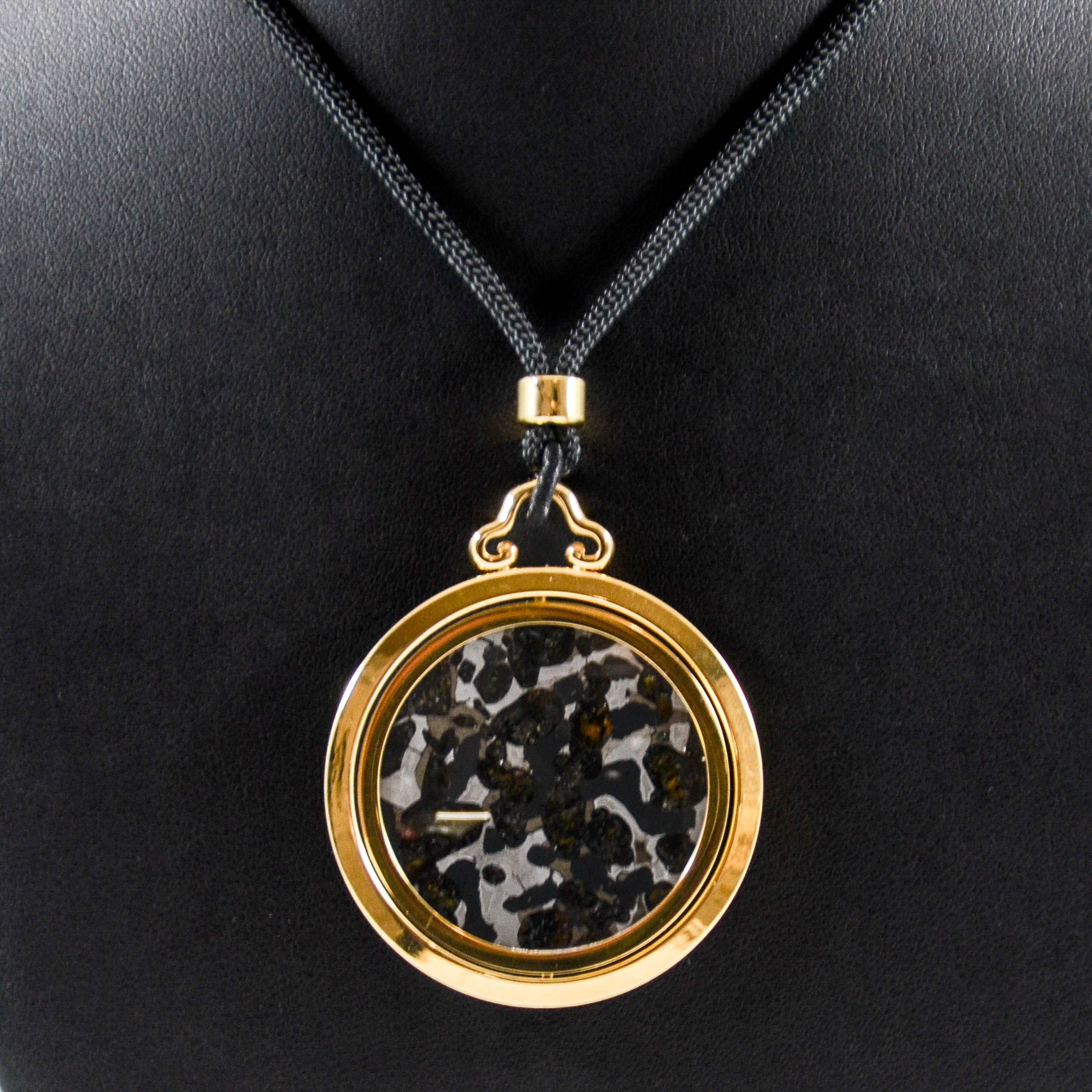 Large Unique Natural Pallasite Meteorite Round Spinning Pendant Necklace with Gold Metal Setting