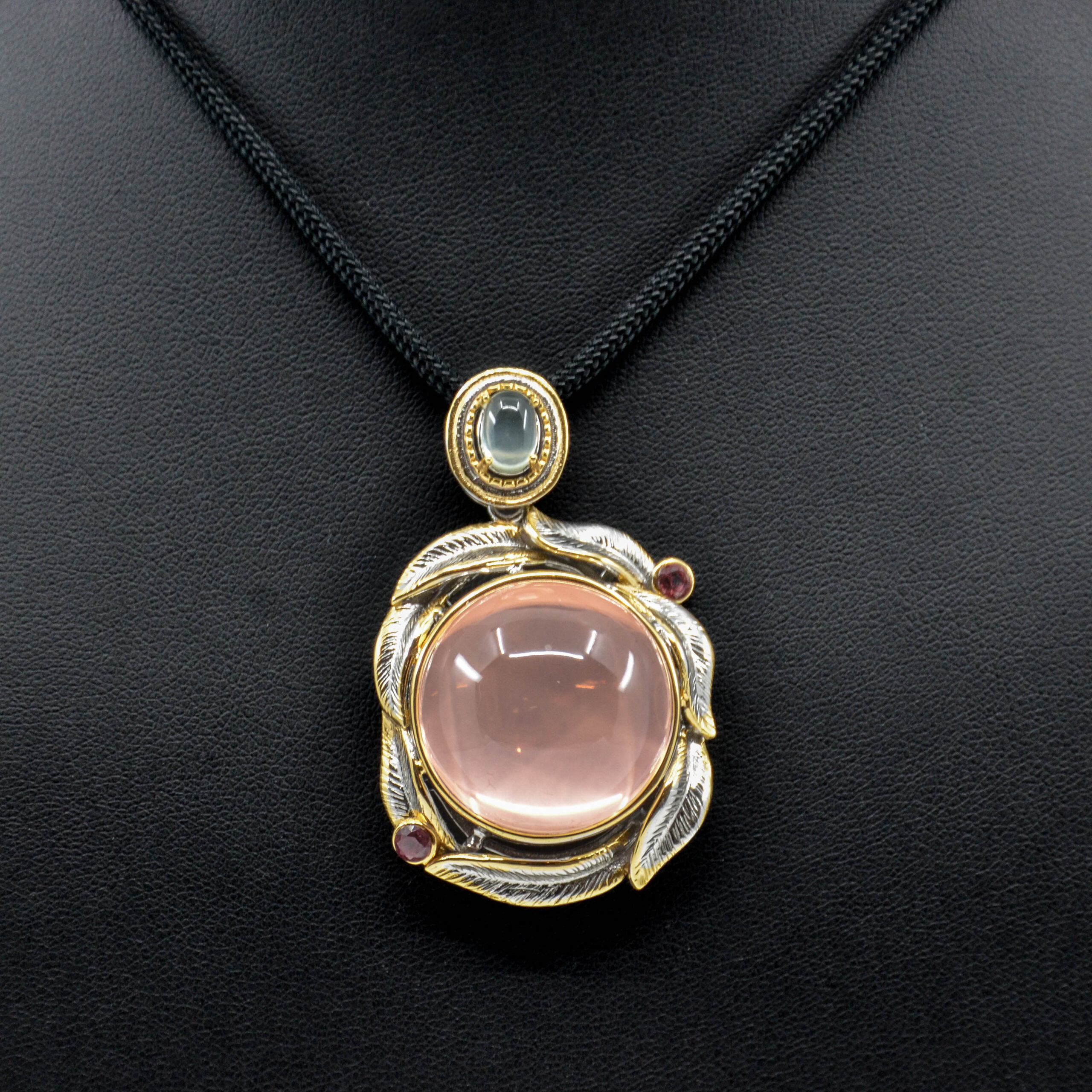 Rare Natural Himalayan Clear Pink Rose Quartz Pendant Necklace with Silver and Gold Colored Metal Setting, Plant Design