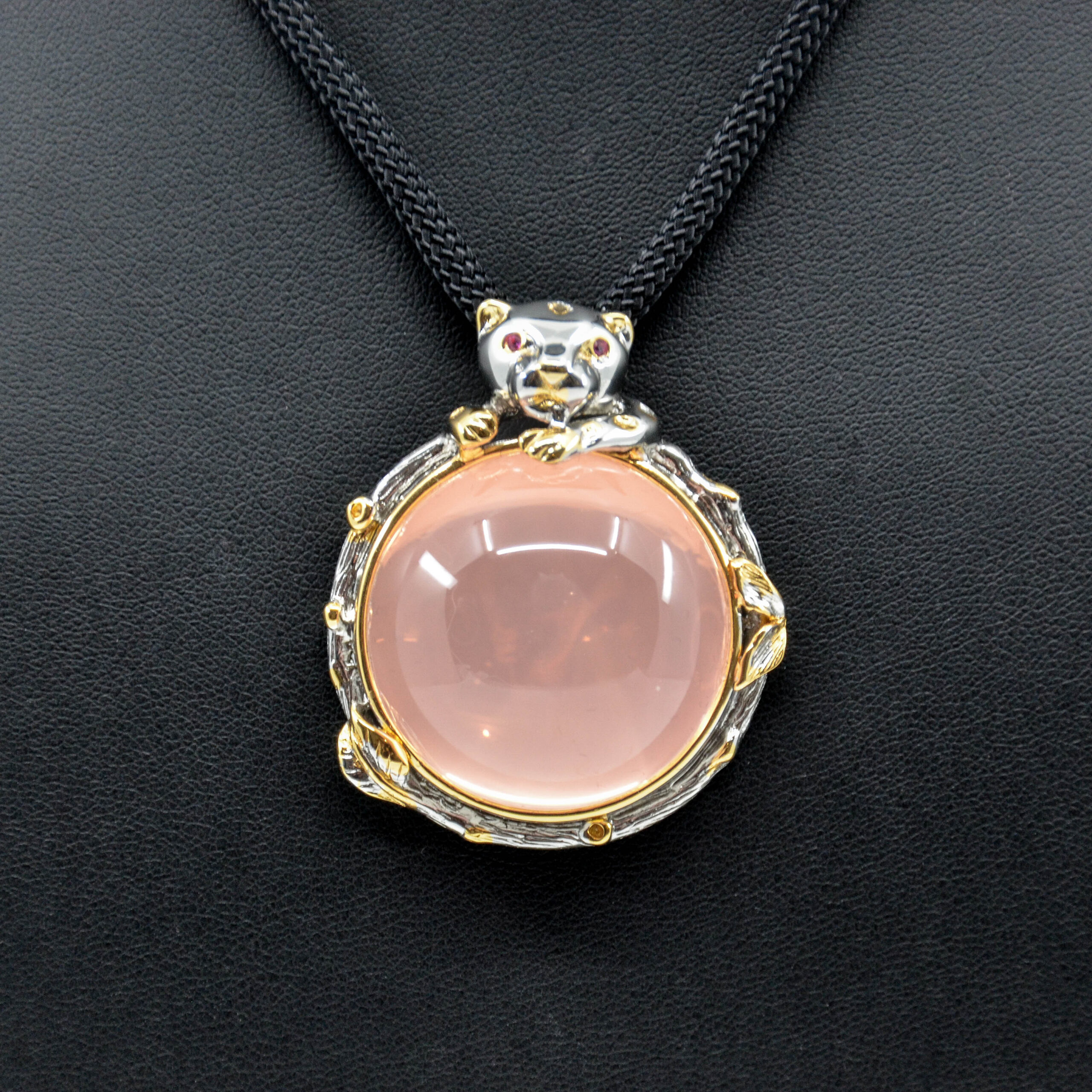 Rare Natural Himalayan Clear Pink Rose Quartz Pendant Necklace with Silver and Gold Colored Metal Setting, Cat Design