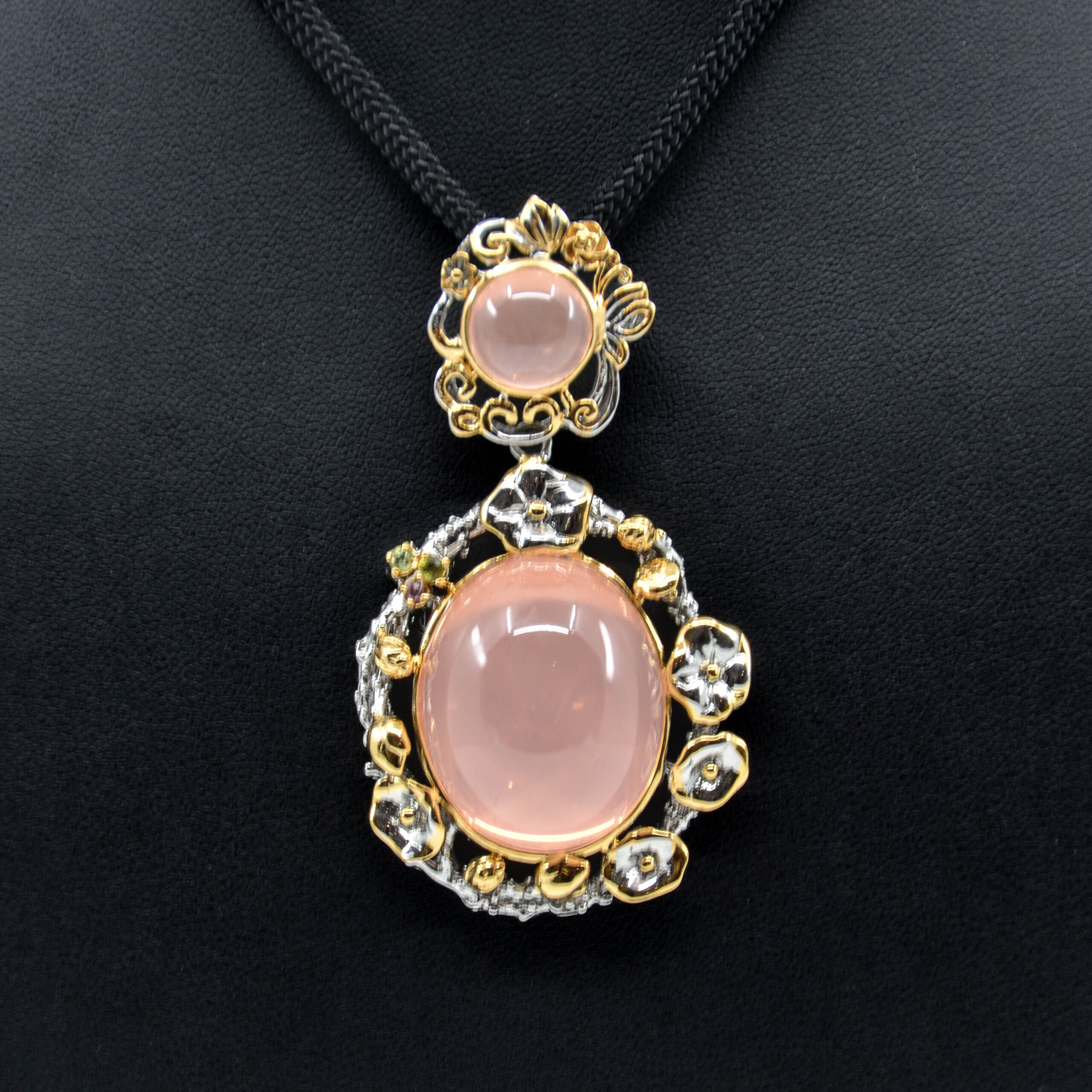 Rare Natural Himalayan Clear Pink Rose Quartz Pendant Necklace with Silver and Gold Colored Metal Setting, Flower Design