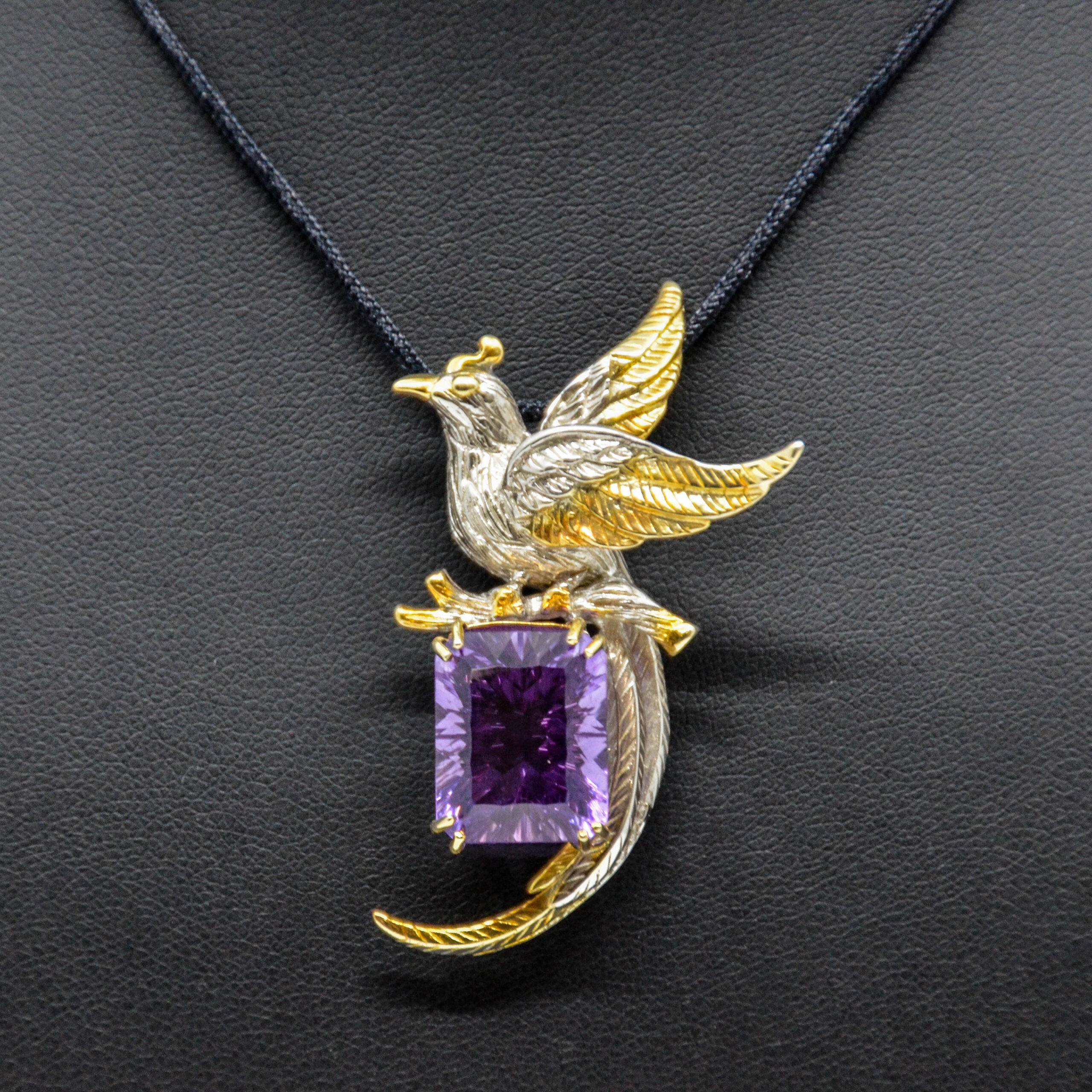 Rare Natural Himalayan Clear Amethyst Emerald Cut Pendant Necklace with Silver and Gold Colored Metal Setting, Bird Design