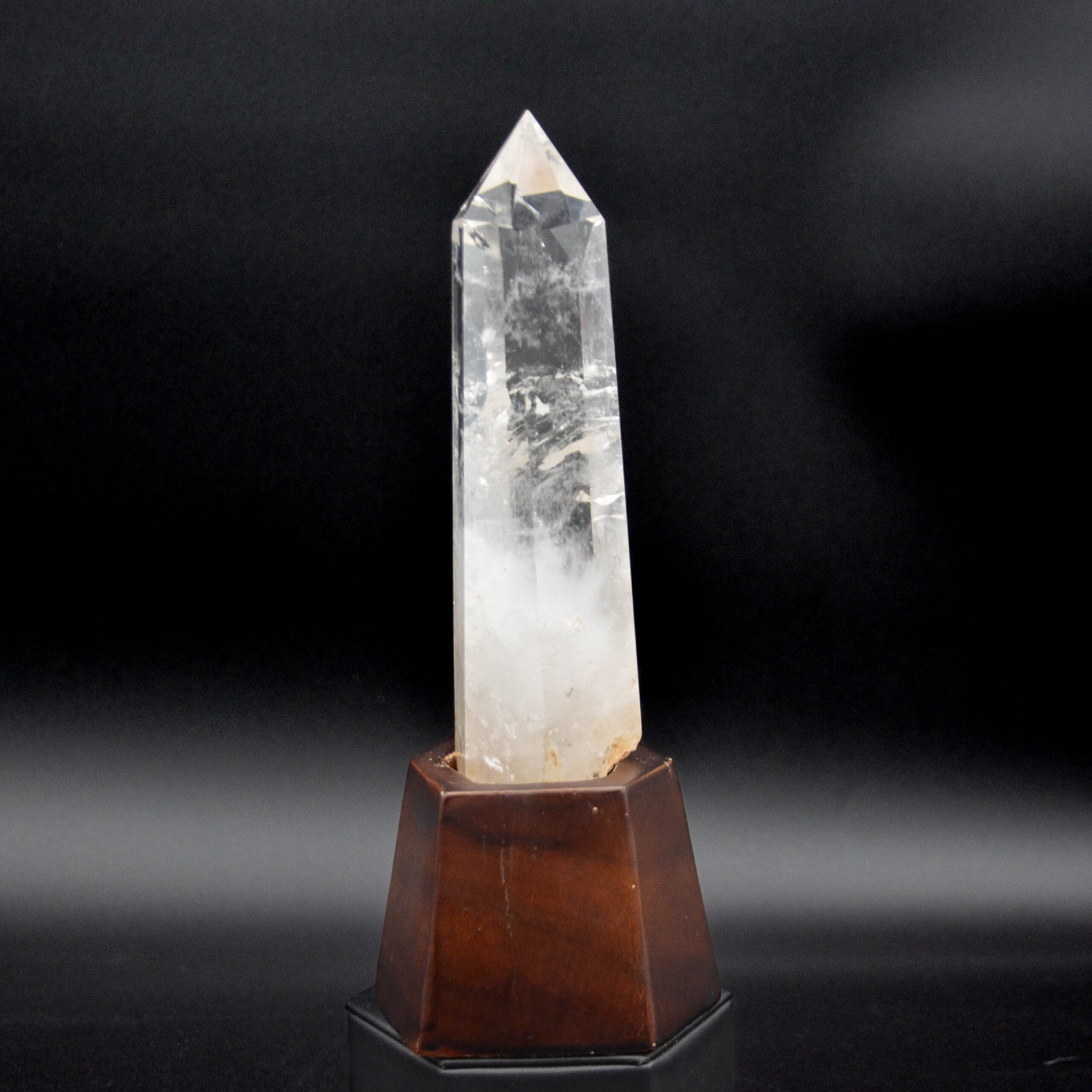 Natural Clear Quartz Tower with Custom Wood Base