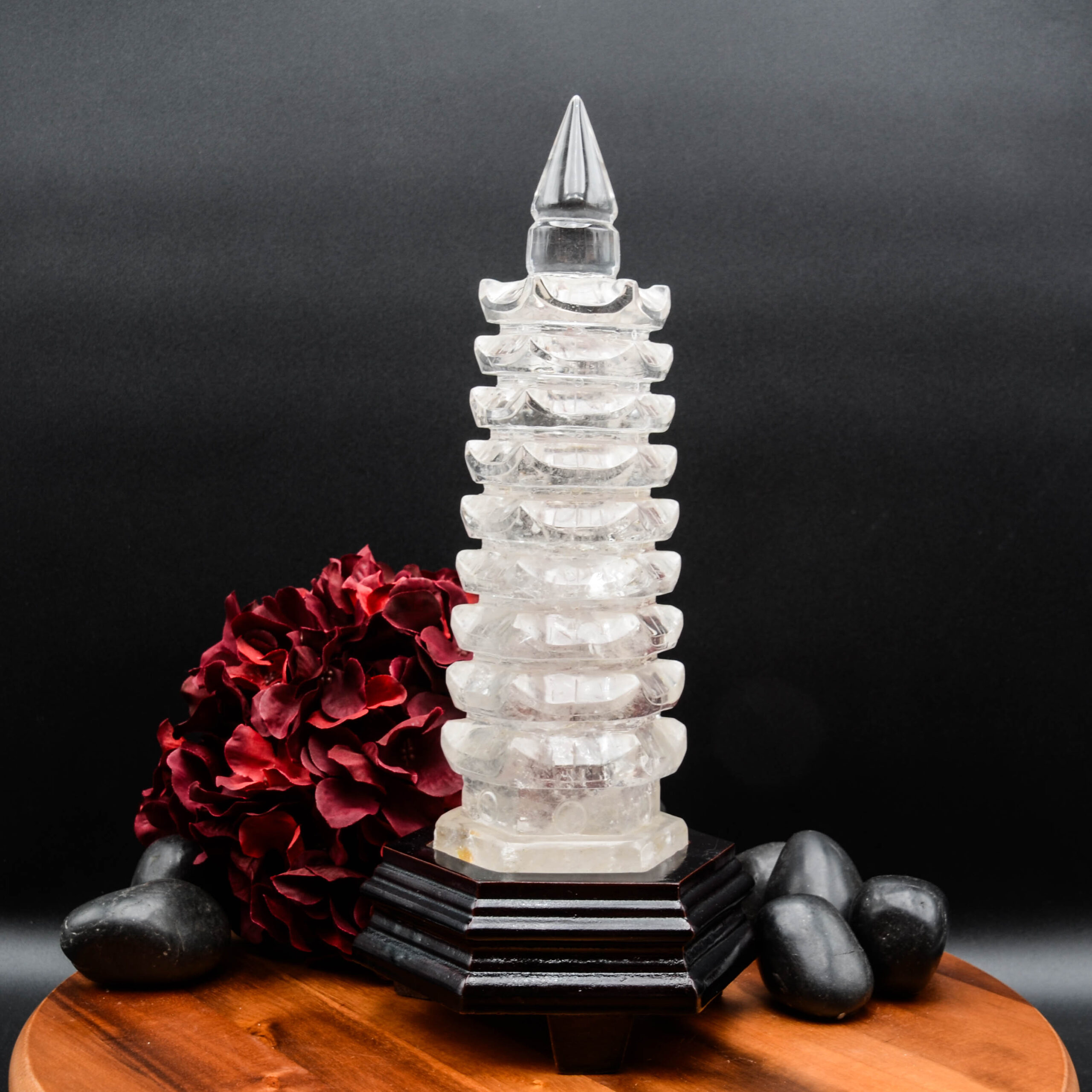 Large Clear Quartz Pagoda Tower with Wood Stand 1