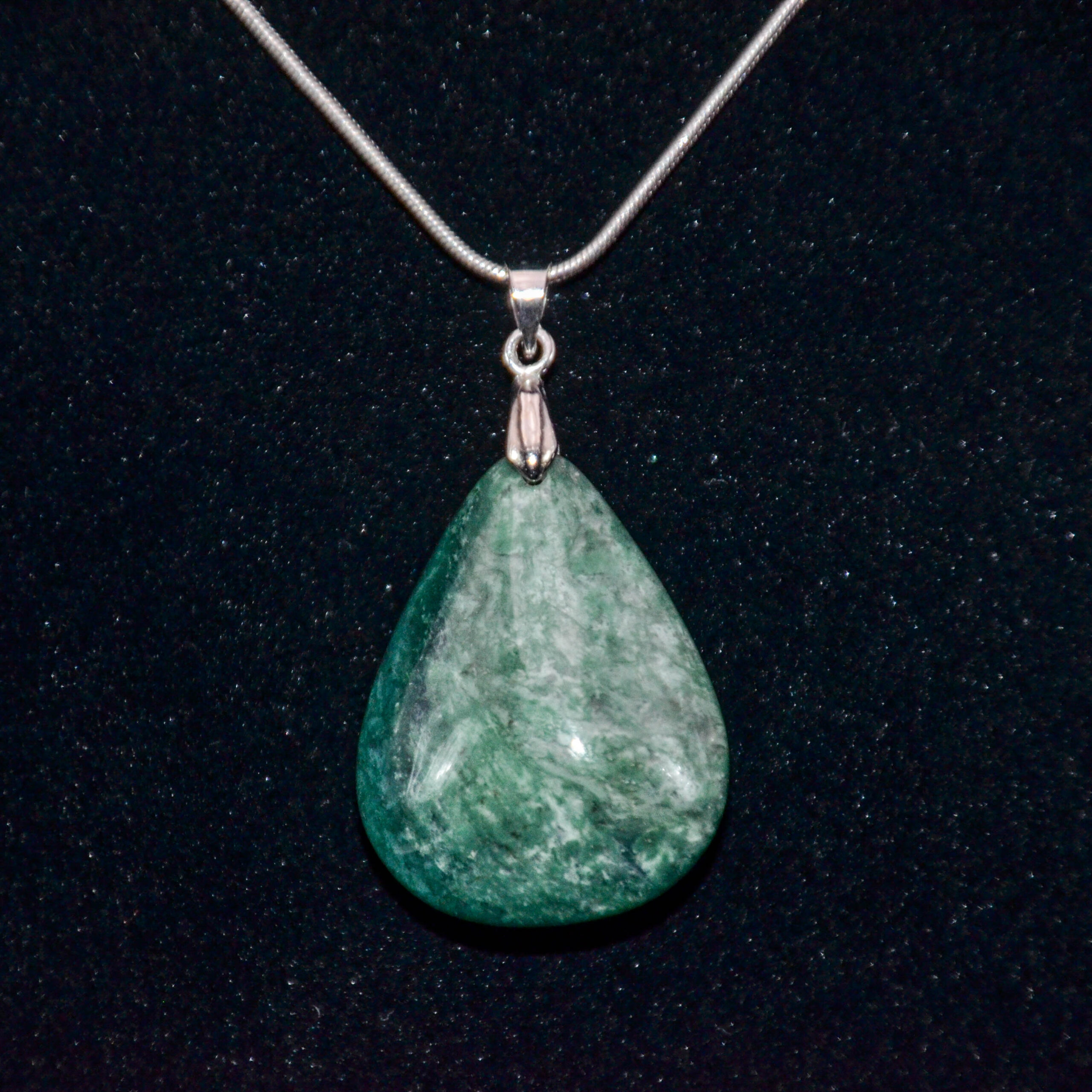 Moss Agate Tear Drop Pendant and 20" .925 Silver Chain with Rhodium Plating