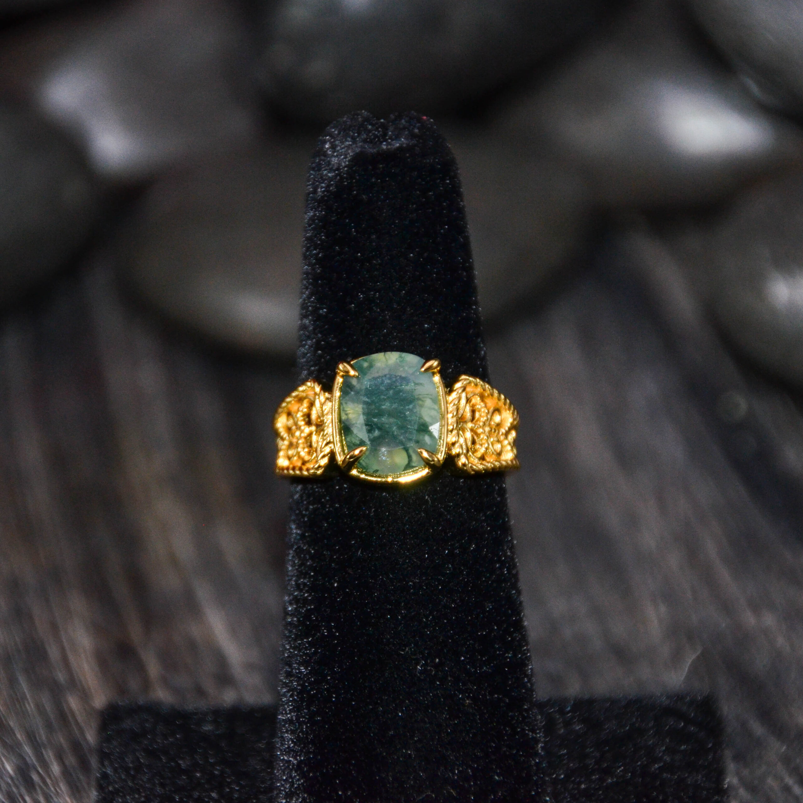 Moss Agate Gold Plated .925 Silver Ring. Size7.5